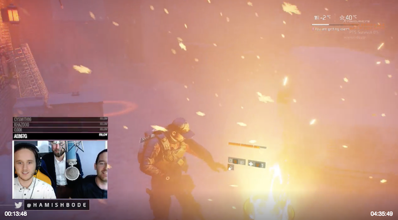 Screenshot from Massive’s Twitch stream of the new Survival mode. Players can use burning barrels for warmth.